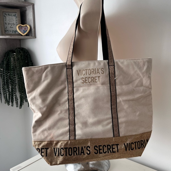 Victoria's Secret Handbags - Victoria's Secret Beige and Glittery Gold Tote NWOT
